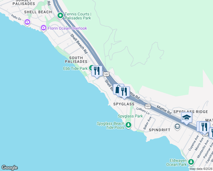 map of restaurants, bars, coffee shops, grocery stores, and more near 2727 Shell Beach Road in Pismo Beach