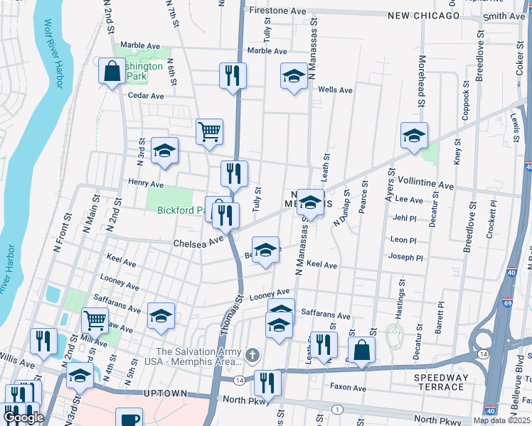 map of restaurants, bars, coffee shops, grocery stores, and more near 702 Chelsea Avenue in Memphis