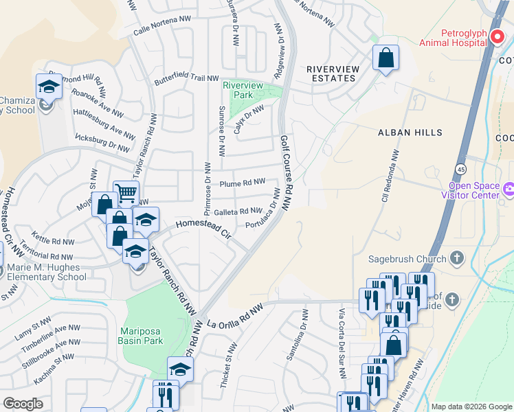 map of restaurants, bars, coffee shops, grocery stores, and more near 4716 Galleta Road Northwest in Albuquerque