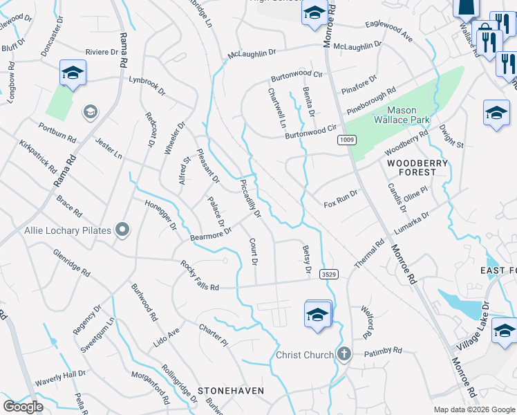 map of restaurants, bars, coffee shops, grocery stores, and more near 1316 Bearmore Drive in Charlotte