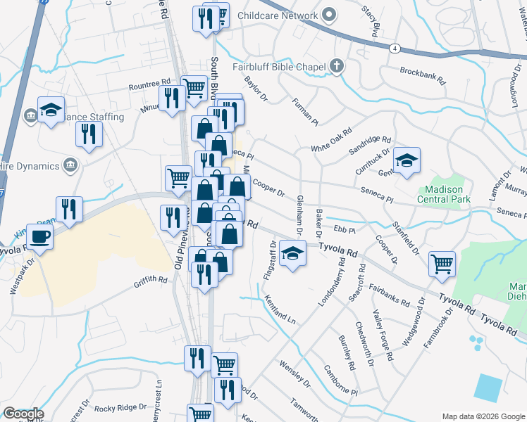 map of restaurants, bars, coffee shops, grocery stores, and more near 5438 Milford Road in Charlotte