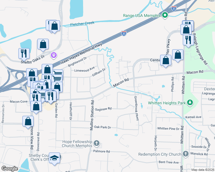 map of restaurants, bars, coffee shops, grocery stores, and more near 6440 Macon Road in Memphis