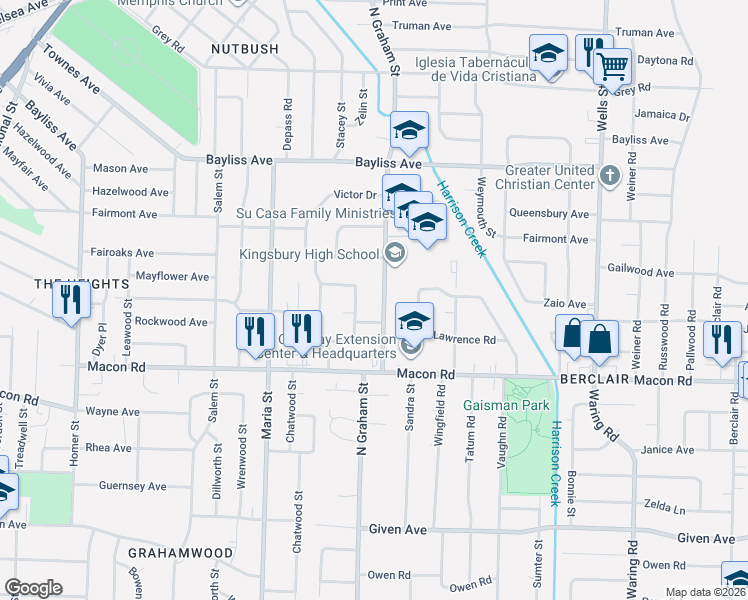 map of restaurants, bars, coffee shops, grocery stores, and more near 1203 North Graham Street in Memphis