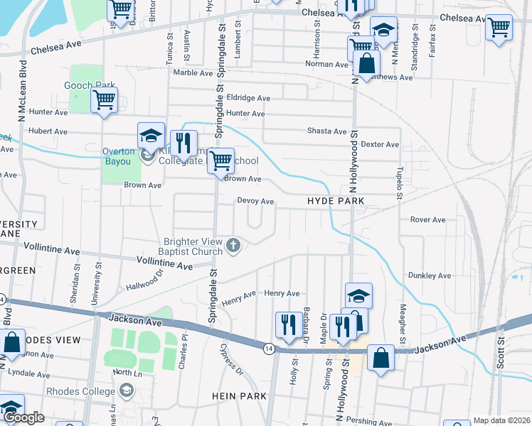 map of restaurants, bars, coffee shops, grocery stores, and more near 2308 Alameda Avenue in Memphis