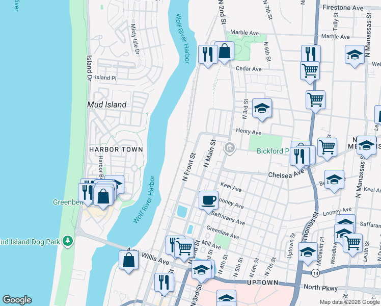 map of restaurants, bars, coffee shops, grocery stores, and more near 689-817 North Front Street in Memphis