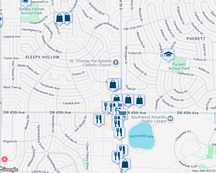 map of restaurants, bars, coffee shops, grocery stores, and more near 7401 Seville Drive in Amarillo