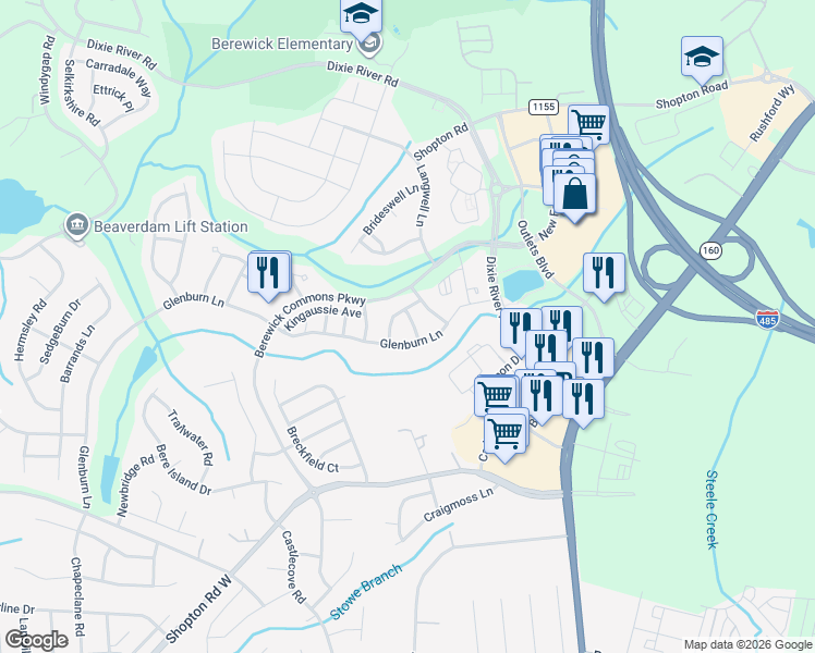 map of restaurants, bars, coffee shops, grocery stores, and more near 9354 Glenburn Lane in Charlotte