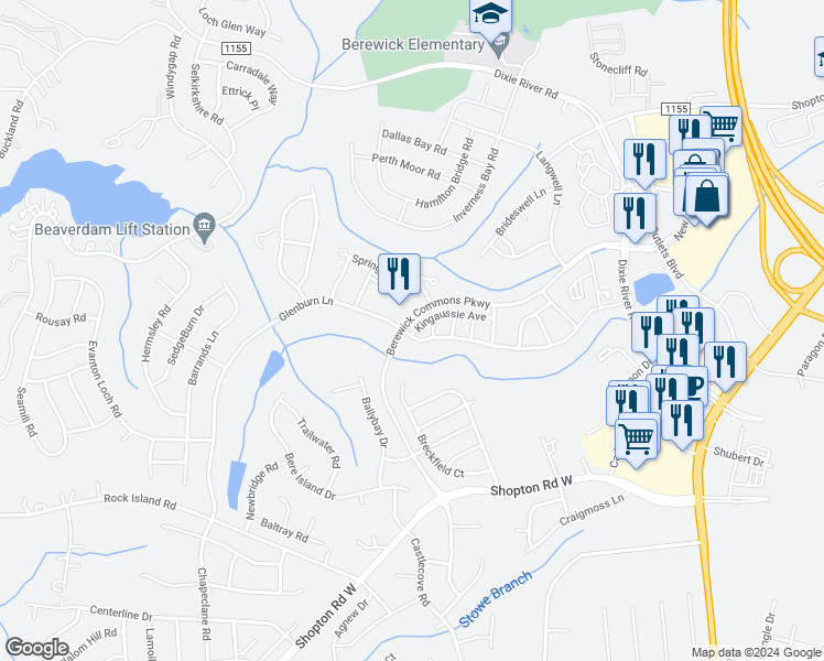 map of restaurants, bars, coffee shops, grocery stores, and more near 9642 Glenburn Lane in Charlotte