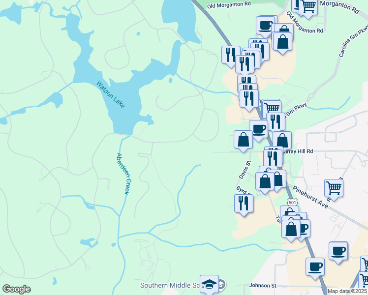 map of restaurants, bars, coffee shops, grocery stores, and more near 395 Lake Dornoch Drive in Pinehurst