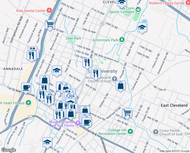 map of restaurants, bars, coffee shops, grocery stores, and more near 998 Church Street Northeast in Cleveland