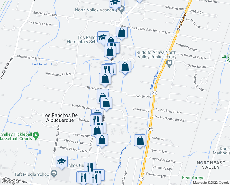 map of restaurants, bars, coffee shops, grocery stores, and more near 320 Roehl Road Northwest in Los Ranchos de Albuquerque