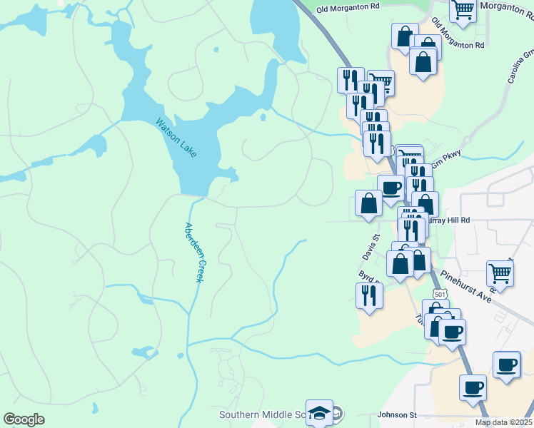 map of restaurants, bars, coffee shops, grocery stores, and more near 395 Lake Dornoch Drive in Pinehurst