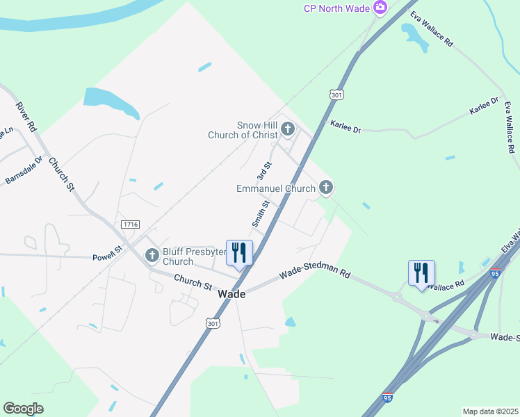 map of restaurants, bars, coffee shops, grocery stores, and more near 7325 Smith Street in Wade