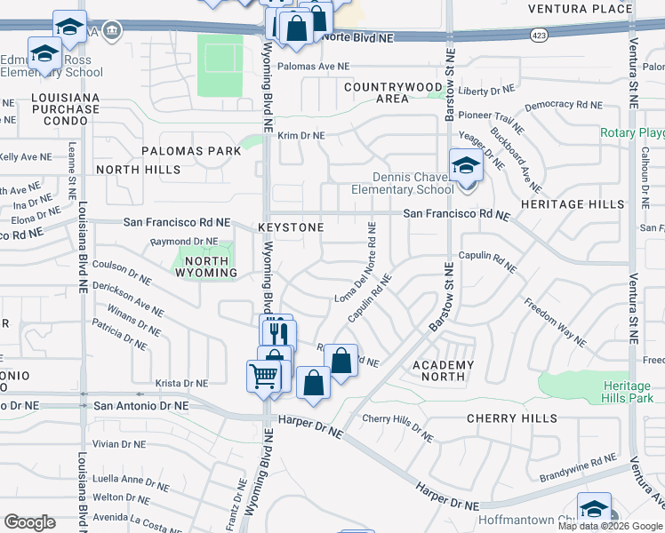 map of restaurants, bars, coffee shops, grocery stores, and more near 8121 Otero Avenue Northeast in Albuquerque
