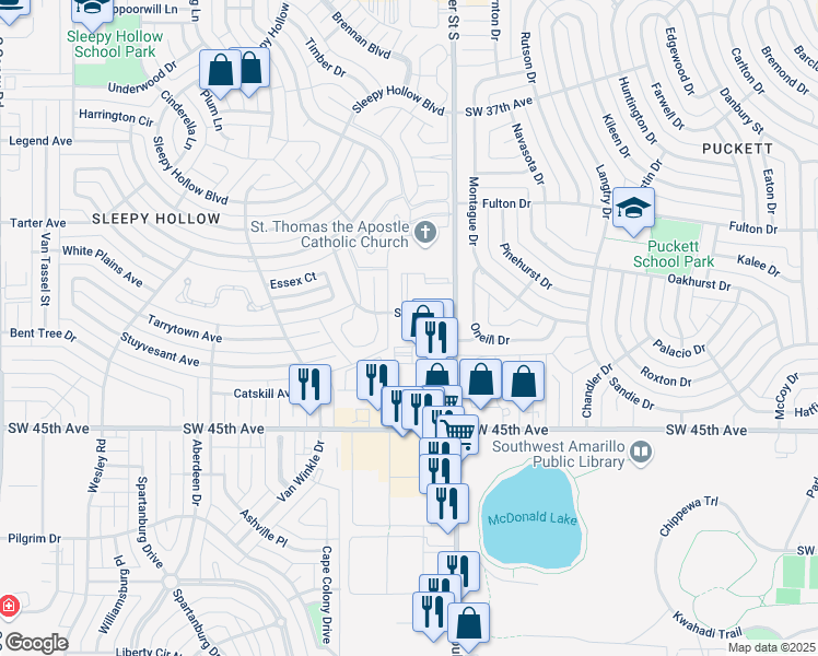 map of restaurants, bars, coffee shops, grocery stores, and more near 7401 Seville Drive in Amarillo