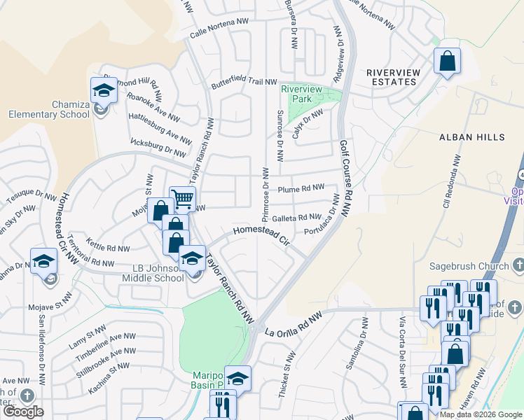 map of restaurants, bars, coffee shops, grocery stores, and more near 7109 Primrose Drive Northwest in Albuquerque