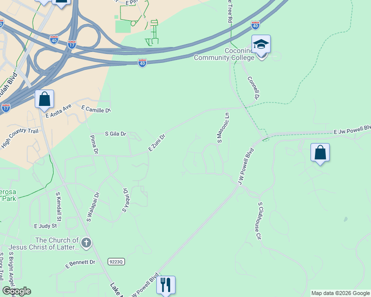 map of restaurants, bars, coffee shops, grocery stores, and more near 3199 South Hannah Lane in Flagstaff