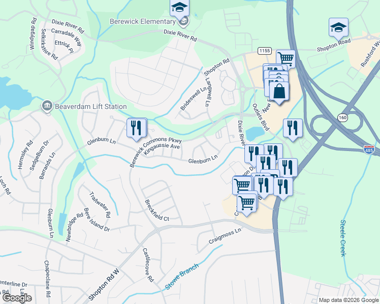 map of restaurants, bars, coffee shops, grocery stores, and more near 9354 Glenburn Lane in Charlotte