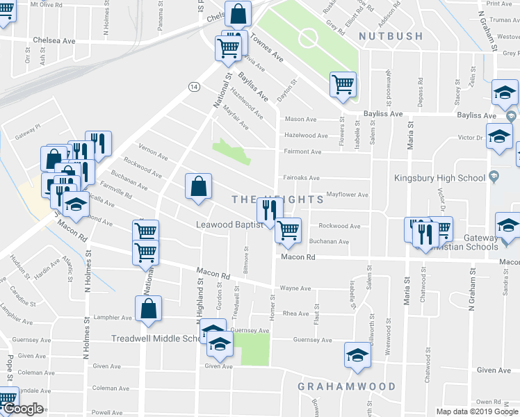 map of restaurants, bars, coffee shops, grocery stores, and more near 3617 Vernon Avenue in Memphis