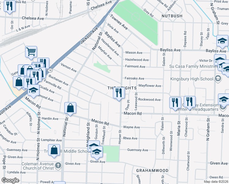 map of restaurants, bars, coffee shops, grocery stores, and more near 3605 Vernon Avenue in Memphis