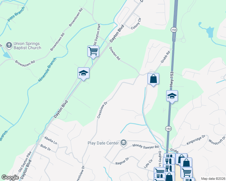 map of restaurants, bars, coffee shops, grocery stores, and more near 5960 Crestview Drive in Chattanooga