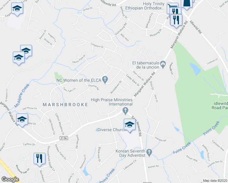 map of restaurants, bars, coffee shops, grocery stores, and more near 9600 Lawley Lane in Matthews