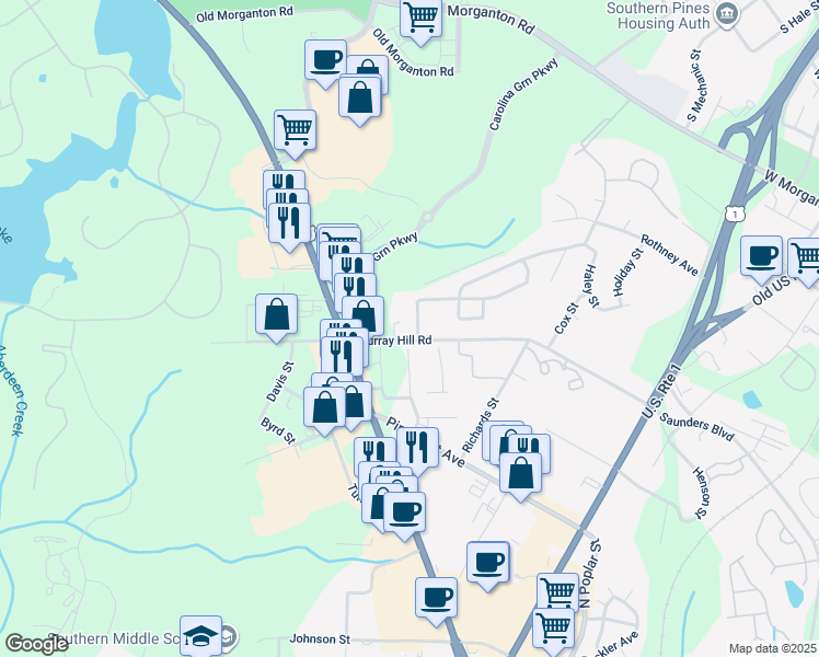 map of restaurants, bars, coffee shops, grocery stores, and more near 305 Murray Hill Road in Southern Pines