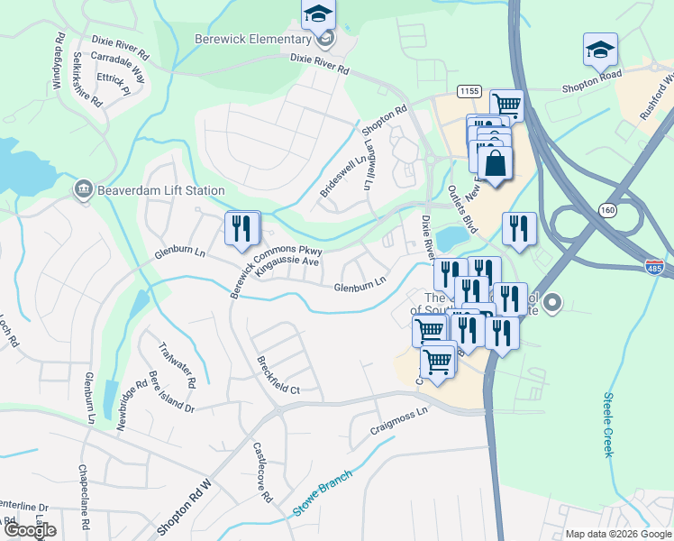 map of restaurants, bars, coffee shops, grocery stores, and more near 9354 Glenburn Lane in Charlotte
