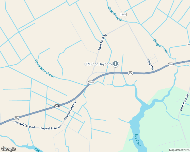 map of restaurants, bars, coffee shops, grocery stores, and more near 154 Swan Corner Road in Bayboro