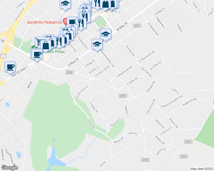 map of restaurants, bars, coffee shops, grocery stores, and more near 610 East Morganton Road in Southern Pines