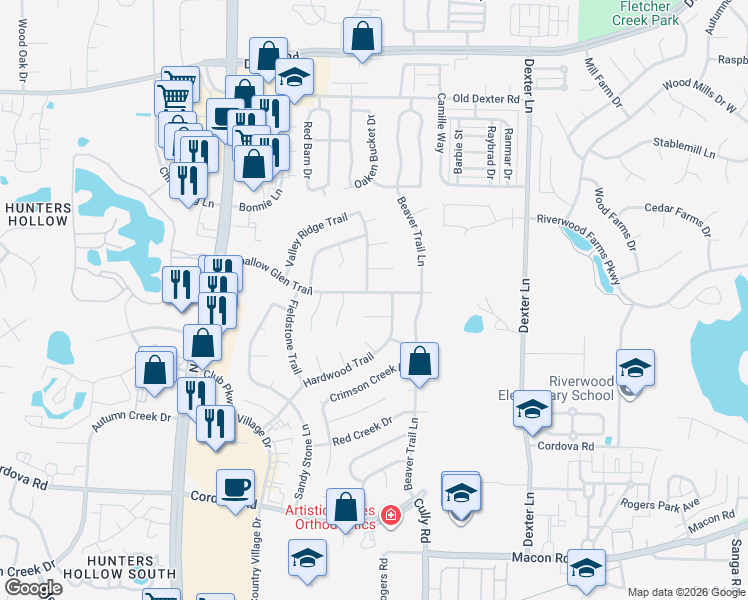 map of restaurants, bars, coffee shops, grocery stores, and more near 8270 Hardwood Cove in Memphis