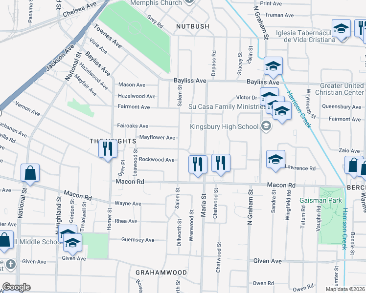 map of restaurants, bars, coffee shops, grocery stores, and more near 3838 Vernon Avenue in Memphis