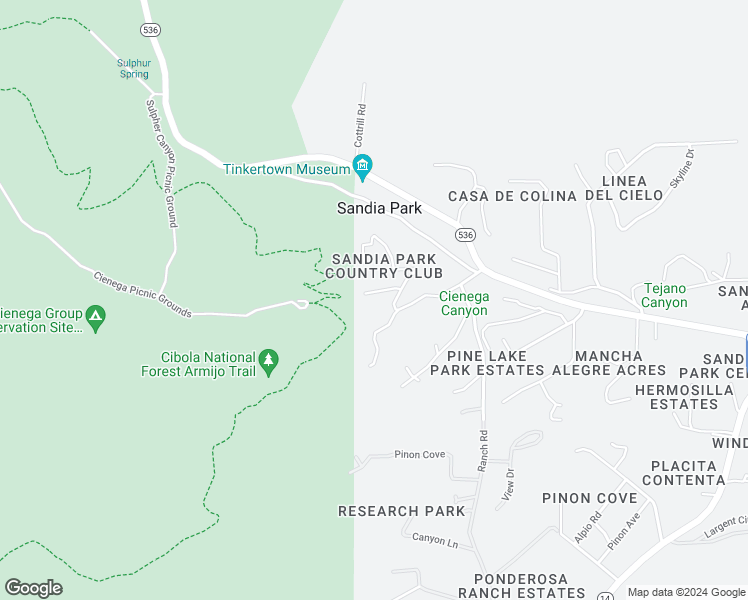 map of restaurants, bars, coffee shops, grocery stores, and more near 52 Los Lomas Circle in Sandia Park