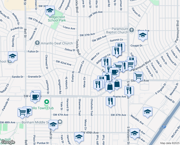 map of restaurants, bars, coffee shops, grocery stores, and more near 4420 Ridgecrest Circle in Amarillo