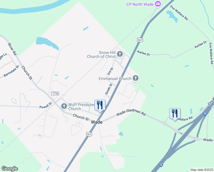 map of restaurants, bars, coffee shops, grocery stores, and more near 7325 Smith Street in Wade