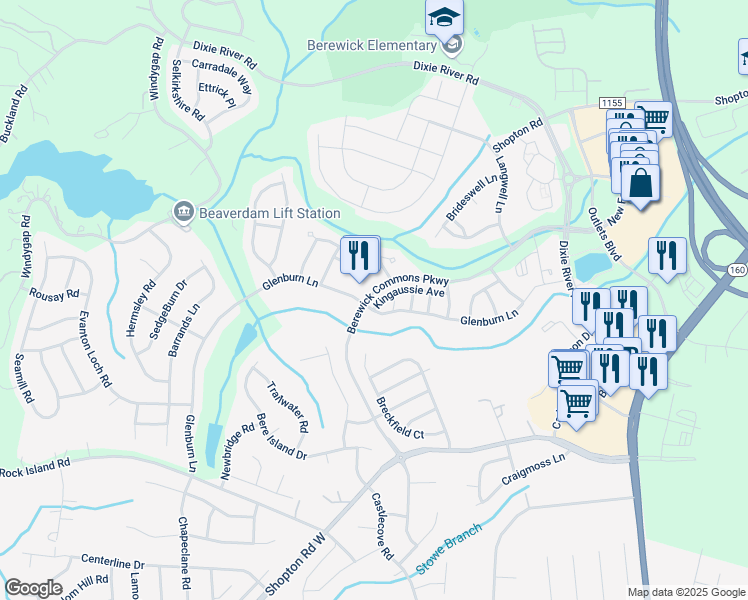 map of restaurants, bars, coffee shops, grocery stores, and more near 9642 Glenburn Lane in Charlotte