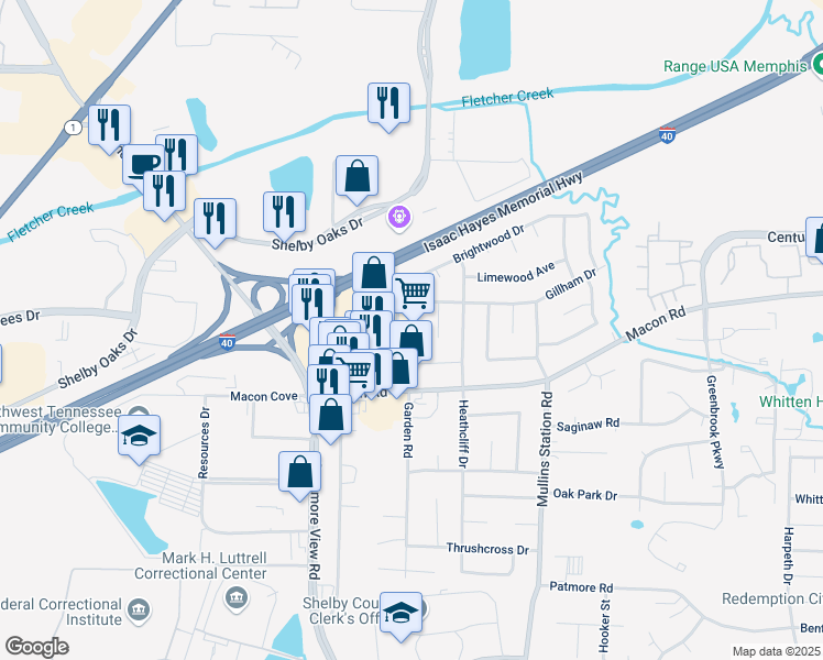 map of restaurants, bars, coffee shops, grocery stores, and more near 1444 Gillham Cove in Memphis