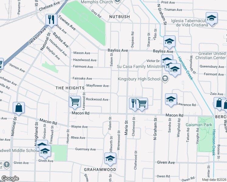 map of restaurants, bars, coffee shops, grocery stores, and more near 3838 Vernon Avenue in Memphis