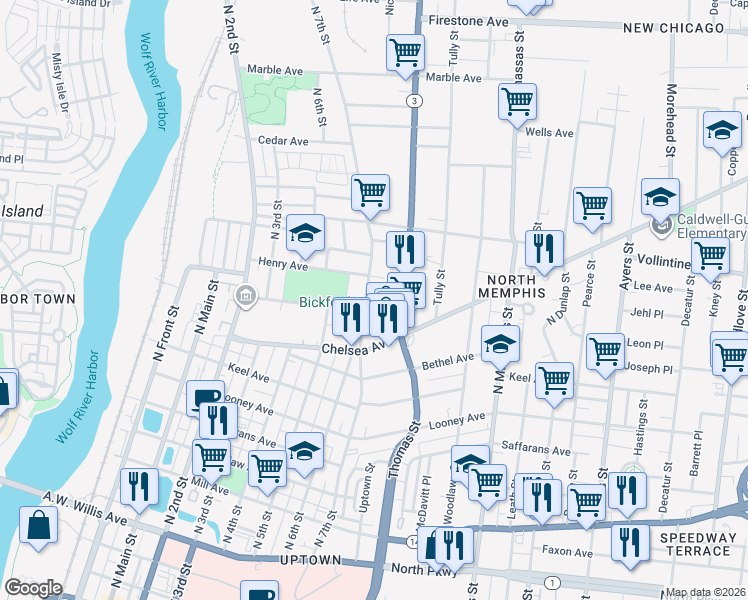 map of restaurants, bars, coffee shops, grocery stores, and more near 845 Thomas Street in Memphis