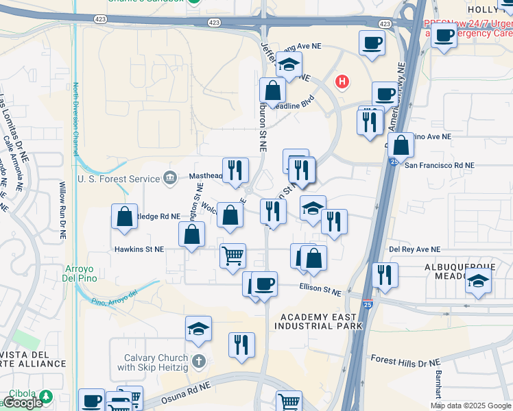 map of restaurants, bars, coffee shops, grocery stores, and more near 7425 Jefferson Street Northeast in Albuquerque