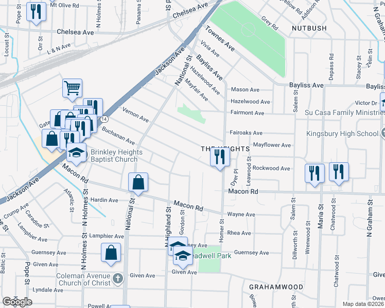 map of restaurants, bars, coffee shops, grocery stores, and more near 3569 Rockwood Avenue in Memphis