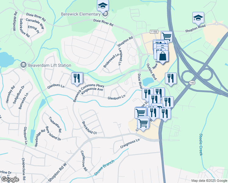 map of restaurants, bars, coffee shops, grocery stores, and more near 9354 Glenburn Lane in Charlotte