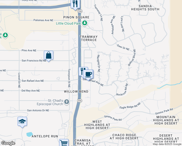 map of restaurants, bars, coffee shops, grocery stores, and more near 1912 Quail Run Road Northeast in Albuquerque