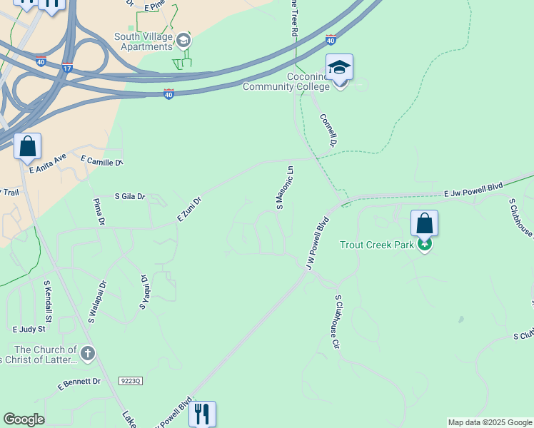 map of restaurants, bars, coffee shops, grocery stores, and more near 3196 Merryvale Lane in Flagstaff