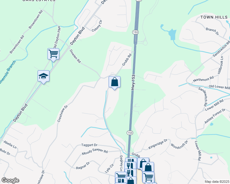 map of restaurants, bars, coffee shops, grocery stores, and more near 5953 Tennessee 153 in Chattanooga