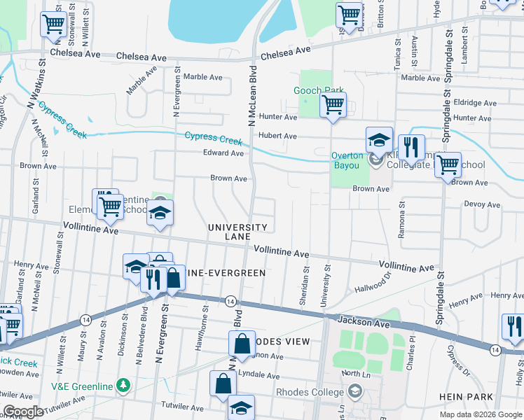 map of restaurants, bars, coffee shops, grocery stores, and more near 1868 Monticello Drive in Memphis