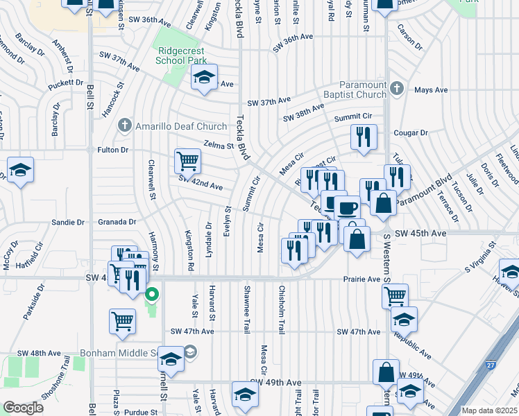 map of restaurants, bars, coffee shops, grocery stores, and more near 4422 Mesa Circle in Amarillo