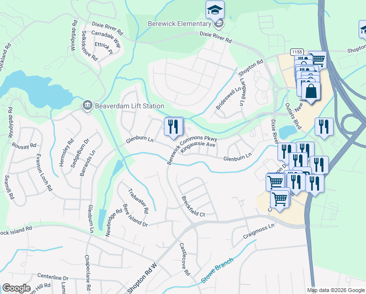 map of restaurants, bars, coffee shops, grocery stores, and more near 9642 Glenburn Lane in Charlotte