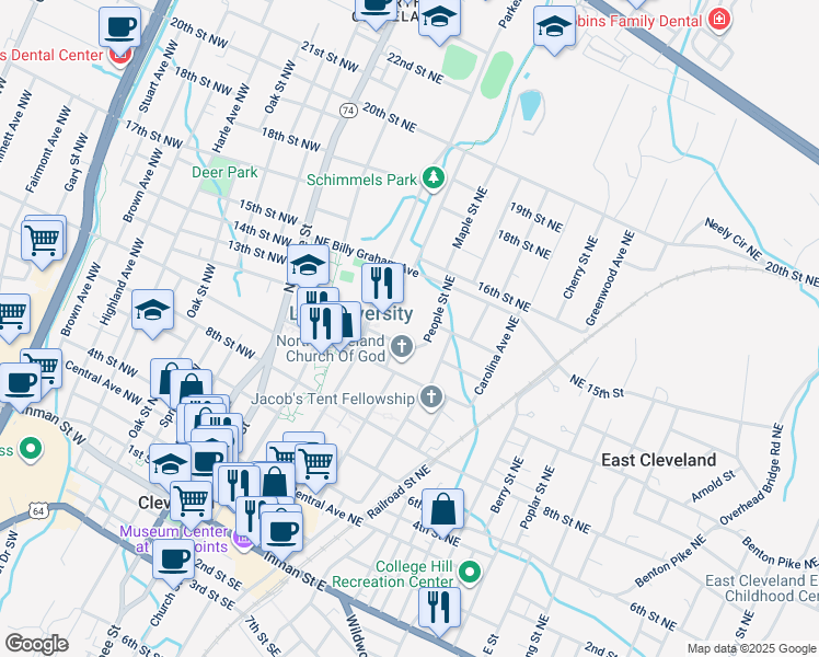map of restaurants, bars, coffee shops, grocery stores, and more near 1243 People Street Northeast in Cleveland