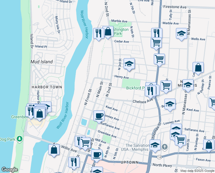 map of restaurants, bars, coffee shops, grocery stores, and more near 822 North 2nd Street in Memphis